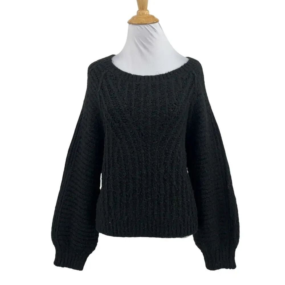 Free People Sweater Womens M Medium Black Carter Knit Balloon Sleeves Boxy